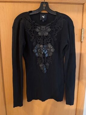 NU Denmark Women’s Lace Ribbed Y2K Inspired Sweater Cotton Black Size Medium